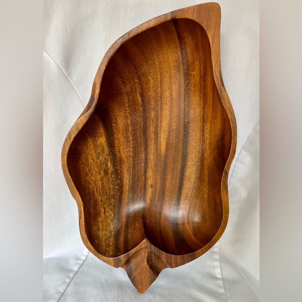 Carved Monkey Pod Wooden Leaf Shaped Bowl Vintage - Picture 4 of 10